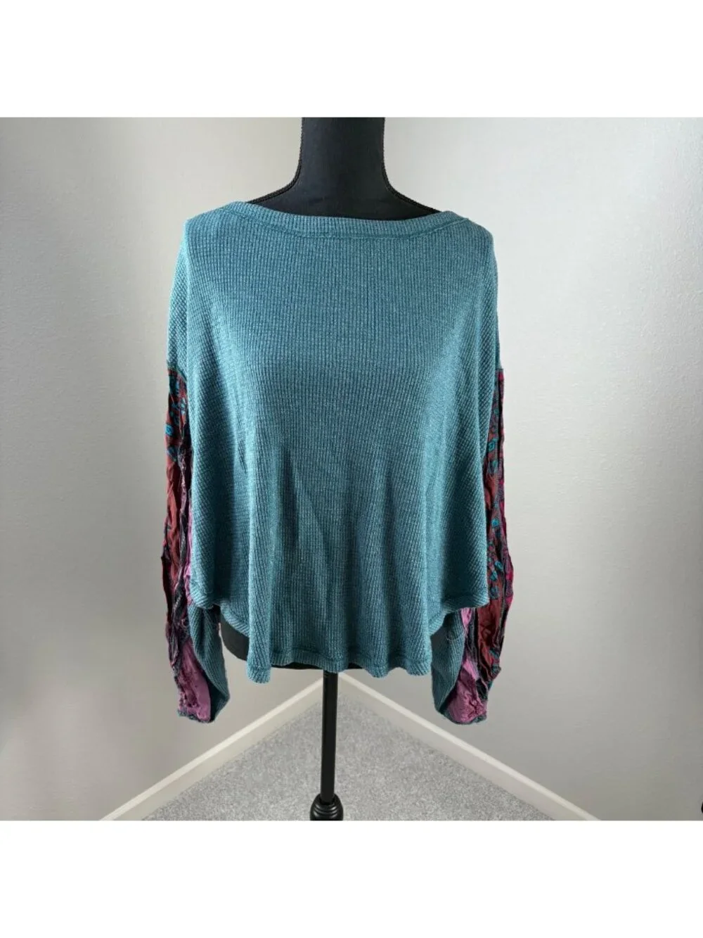 Free People We the Free Blossom Waffle Knit Top Small Balloon Sleeves Teal Boho